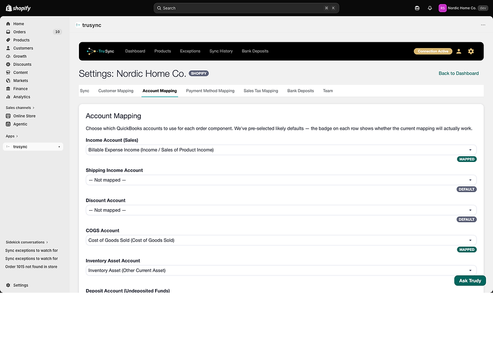 TruSync setup inside Shopify — mapping order components to QuickBooks accounts