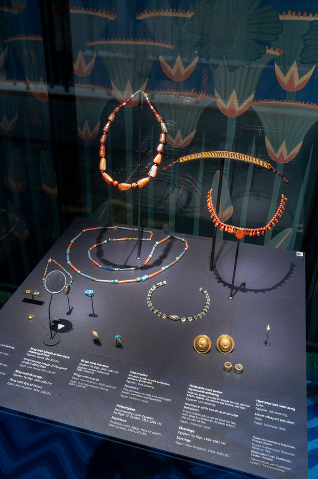 Ancient Egypt touring exhibition – beaded necklaces and earrings in showcase