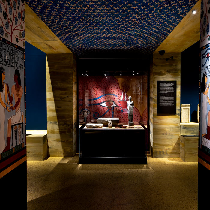 Offering tables and Ushabtis from the Old Kingdom in an immersive ancient Egyptian offering hall exhibition environment.