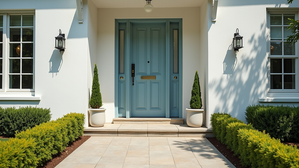 Eye-level view of a freshly painted front door with clean landscaping