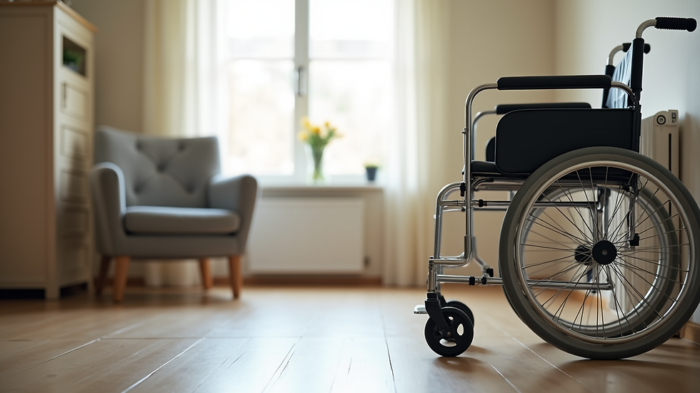 Close-up view of a well-organized home rehab space with mobility aids