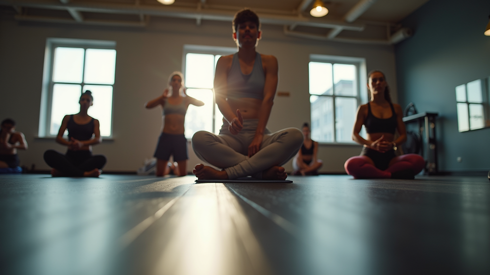 Eye-level view of a fitness class with participants engaged in various exercises
