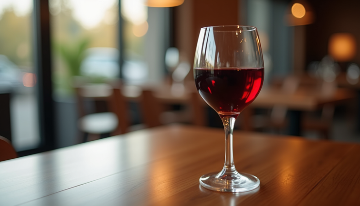Närbild av glas med rödvin på träbord, fokus på drycken
