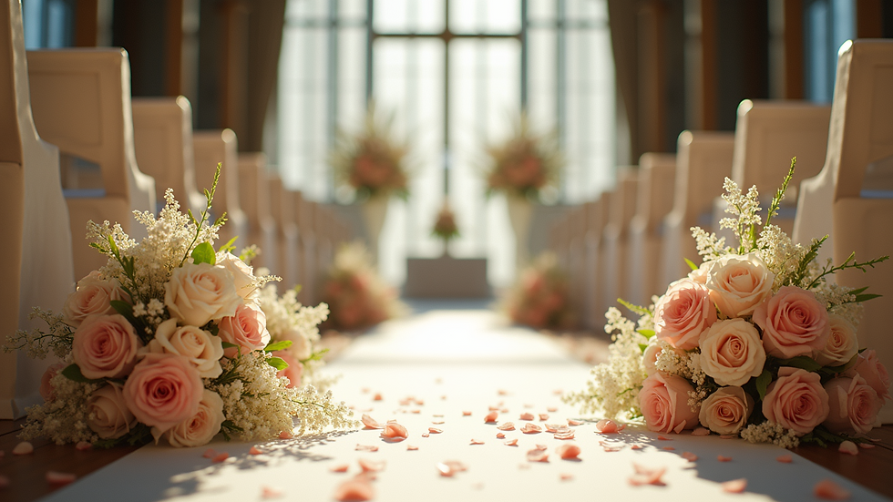 Eye-level view of a wedding ceremony setup with beautiful floral decorations