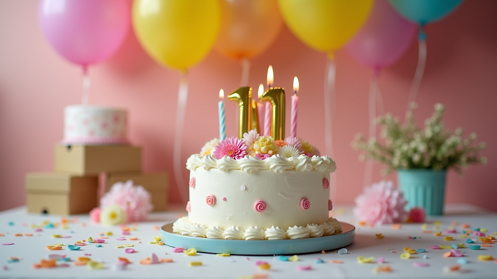 Eye-level view of a decorated birthday party table with balloons and cake