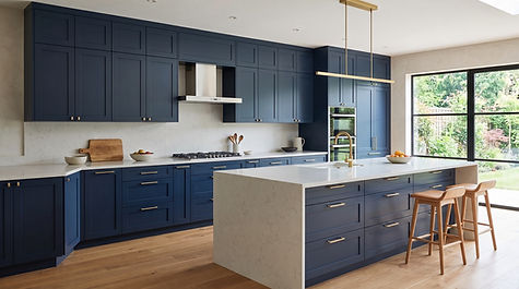SHAKER BLUE kitchen cabinets with waterfall island