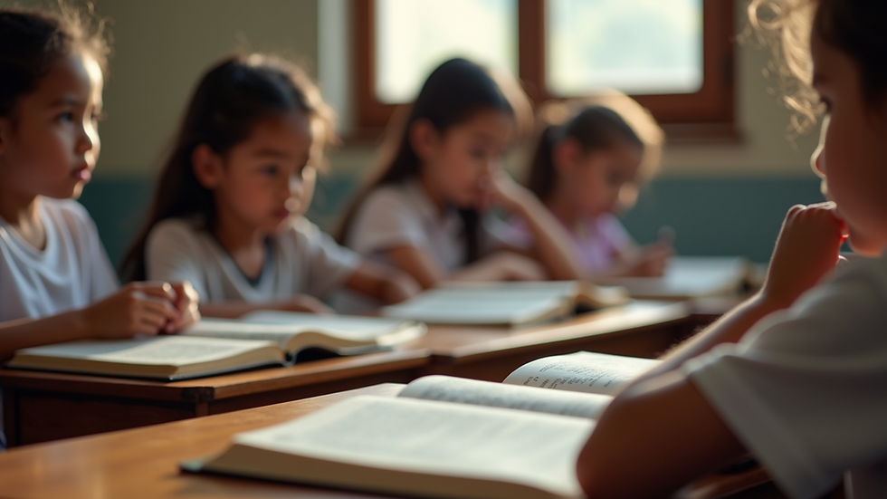 Eye-level view of a classroom with children reading the Bible