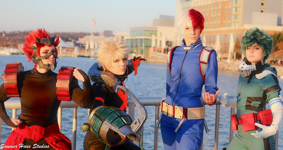 Four cosplayers dressed up as characters from My Hero Academia