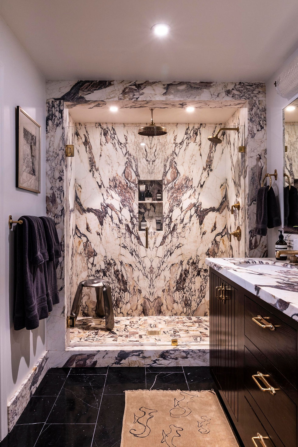 Viola Calcutta marble shower book-matched in Metairie, Louisiana cleaned and restored by Stone Revivers