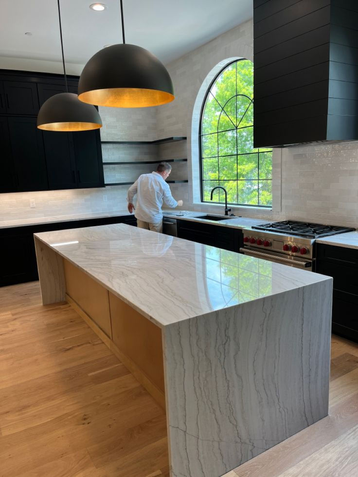 Waterfall Island Kitchen Countertop in Waverly Grey Granite - New Construction - Independence, LA - Stone Revivers