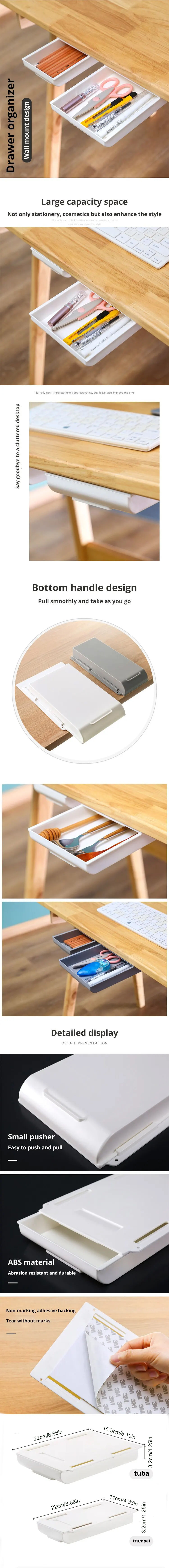 Thumbnail: 1pc White SelfAdhesive Storage Drawer Box Makeup Pencil Tray Desk Hidden Under D
