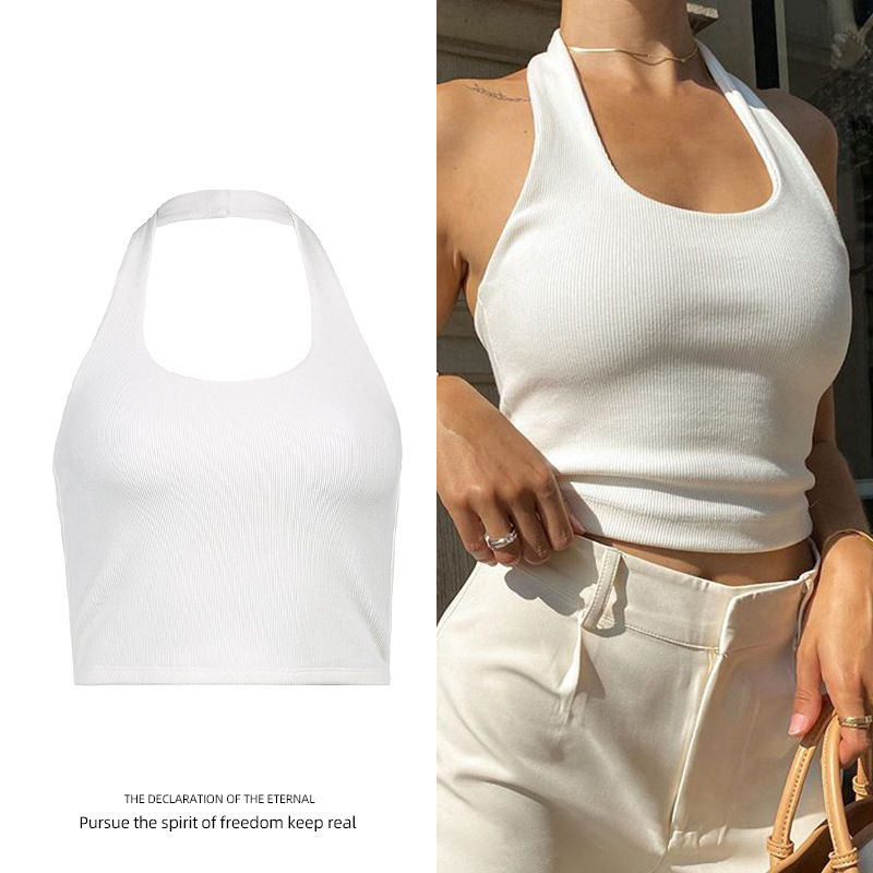 Thumbnail: Women's Ribbed Halter Neck Crop Tank Top Sleeveless U-Neck Backless Slim Fit Sol
