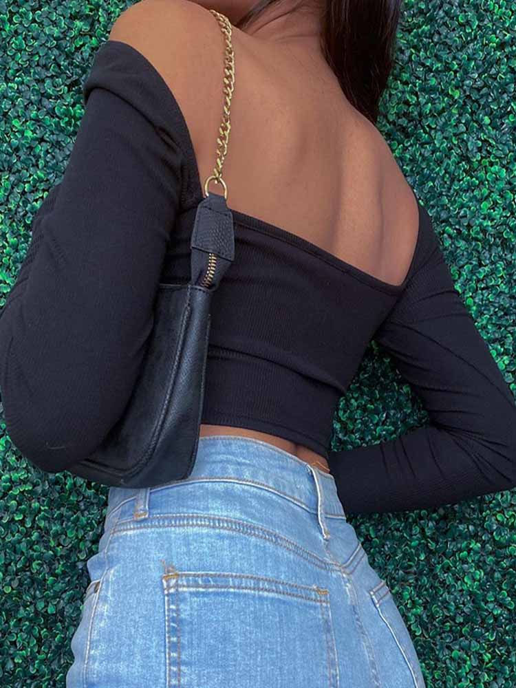 Thumbnail: Hollow-Out V-neck Long Sleeve Crop Tops Spring Fall Casual Fashion Women Square 