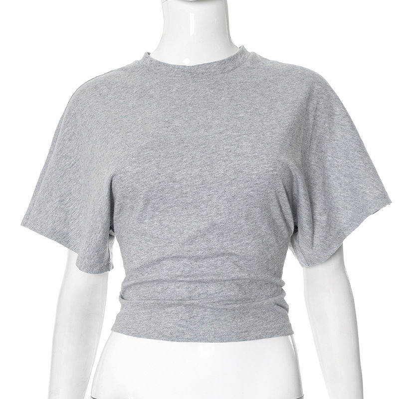 Thumbnail: Gray Cropped T-shirt Women's O-neck Corset Tops Fashion Casual Solid Streetwear 