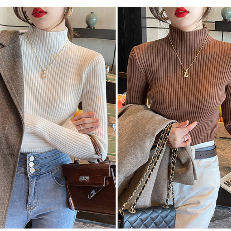 Thumbnail: New Women's Elegant Solid Basic Knitted Tops Women Turtlneck Sweater Long Sleeve