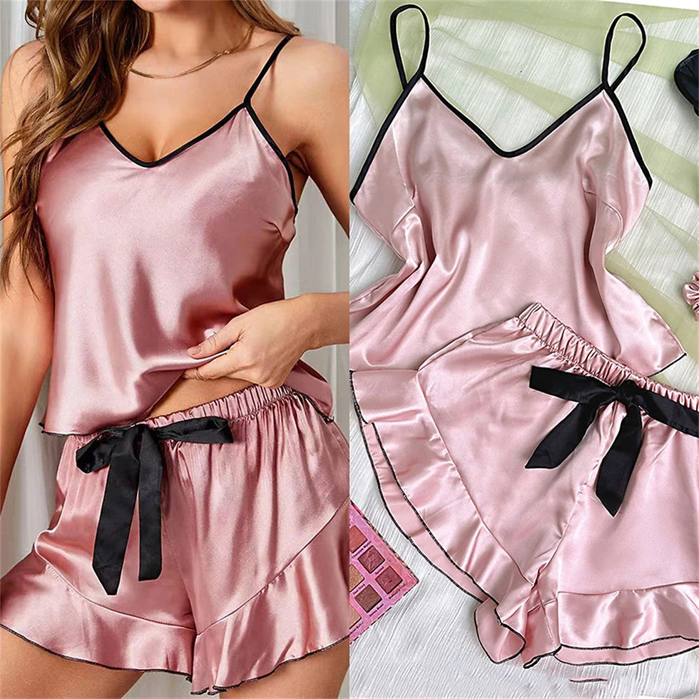 Thumbnail: Women's Smooth Satin Pajamas V-Neck T-Shirt Ruffled Edges And Bow Shorts Simple 