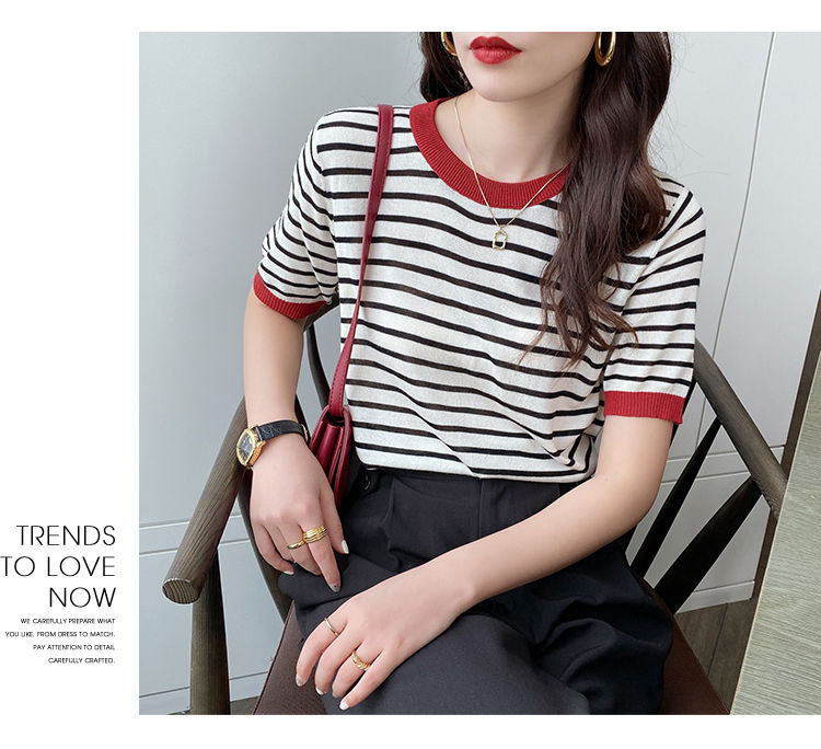 Thumbnail: 2026 Stripe Tops Women Knitted Round Collar Summer Print Short Sleeve Casual Sim