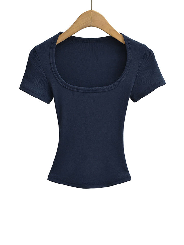 Thumbnail: Women's Slim Fit Square Collar Crop Top High Stretch Short Sleeve Pullover Sexy 