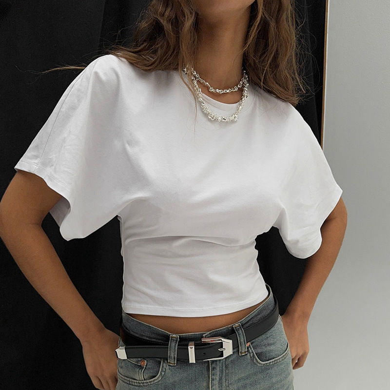 Thumbnail: Gray Cropped T-shirt Women's O-neck Corset Tops Fashion Casual Solid Streetwear 