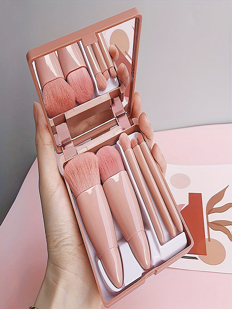 Thumbnail: 5Pcs Portable Makeup Brush Set With Mirror -  Foldable Travel Kit ，Mini Makeup