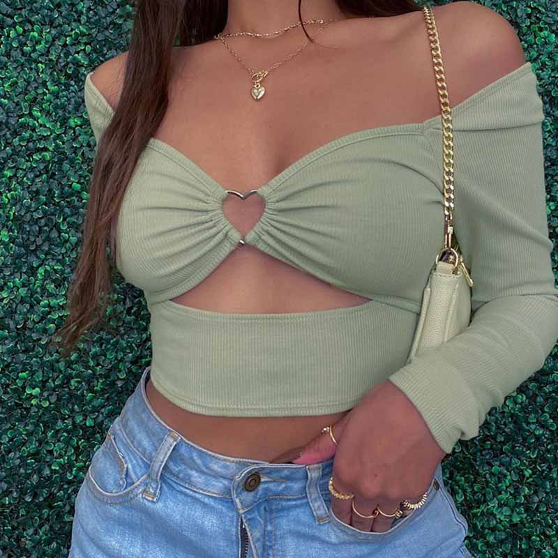 Thumbnail: Hollow-Out V-neck Long Sleeve Crop Tops Spring Fall Casual Fashion Women Square 