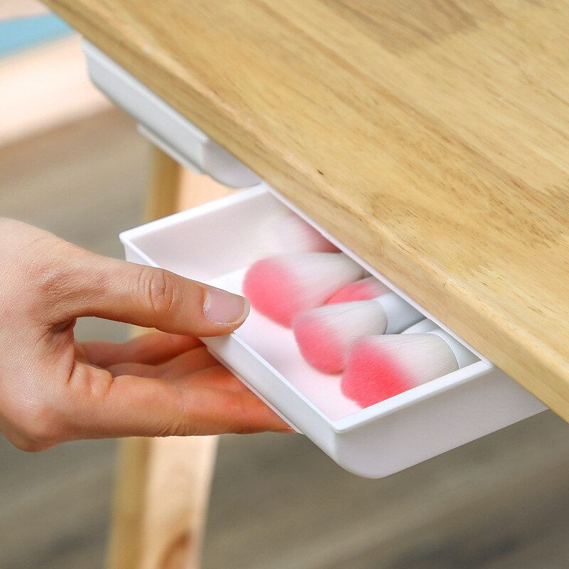 Thumbnail: 1pc White SelfAdhesive Storage Drawer Box Makeup Pencil Tray Desk Hidden Under D