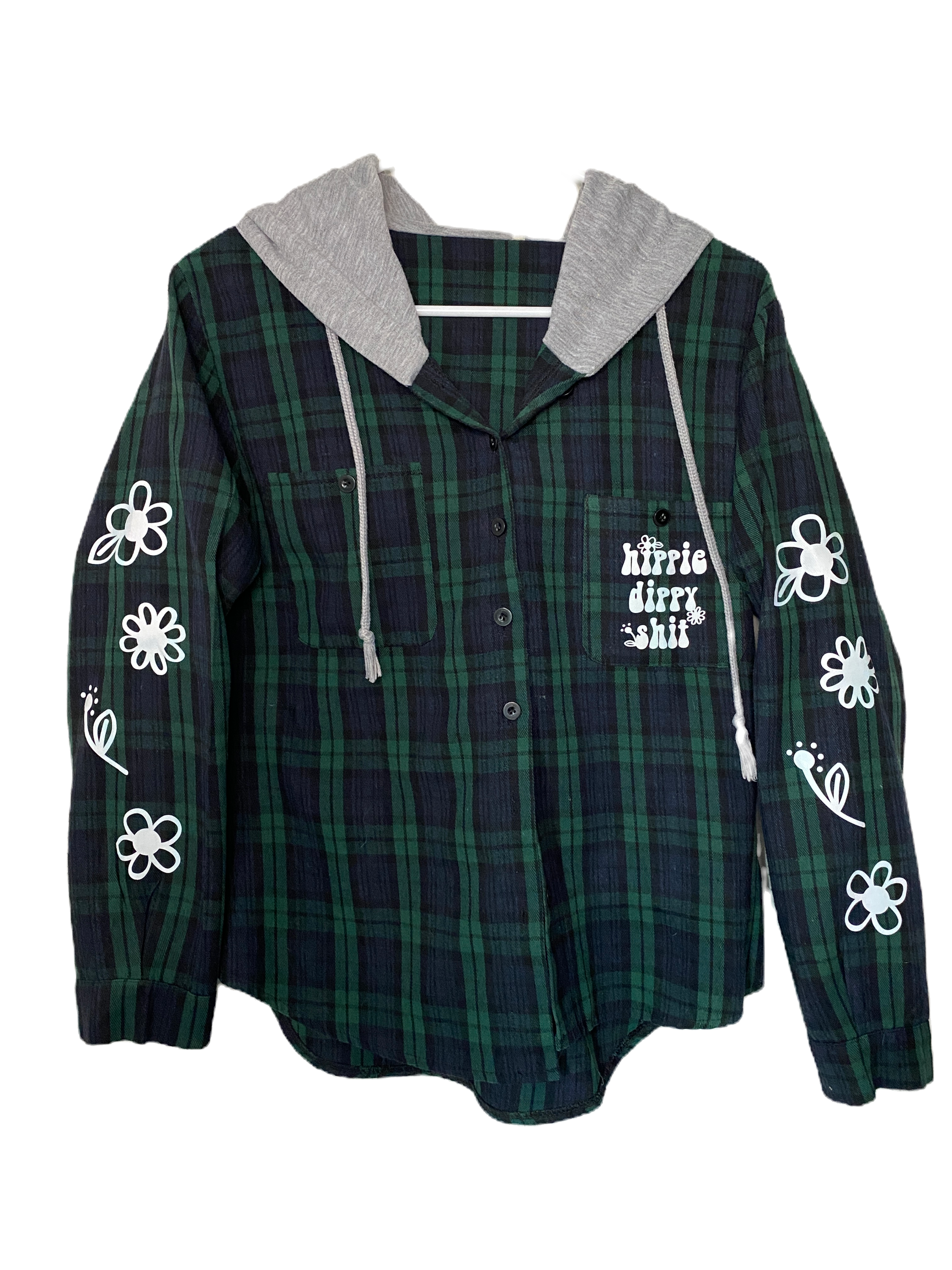 Small - Hippie Dippy Shit Hooded Flannel w/ Flower Sleeves
