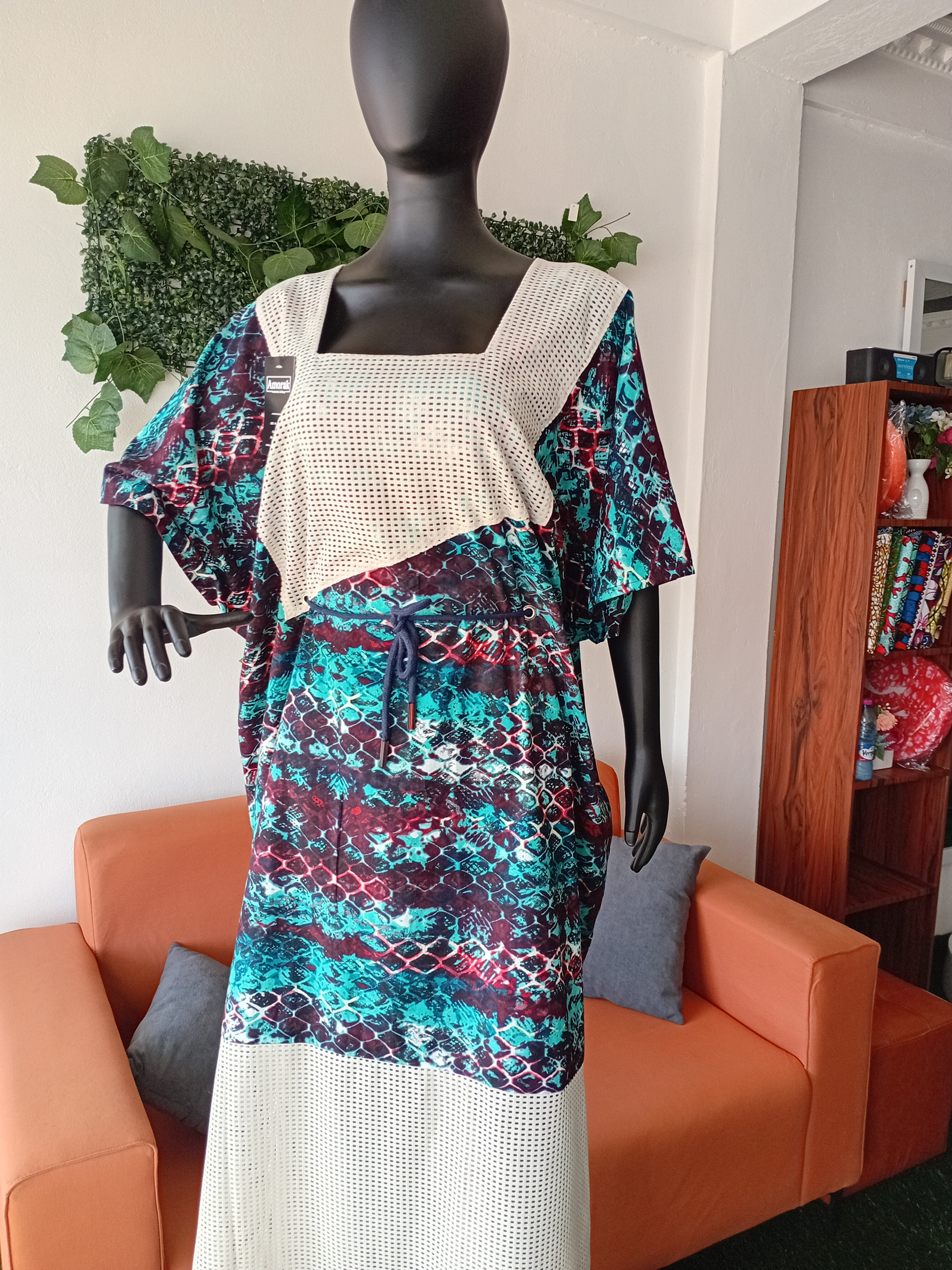African print Boubou with waist tightening cord.