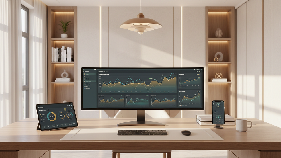 Eye-level view of a modern workspace with multiple digital devices displaying analytics