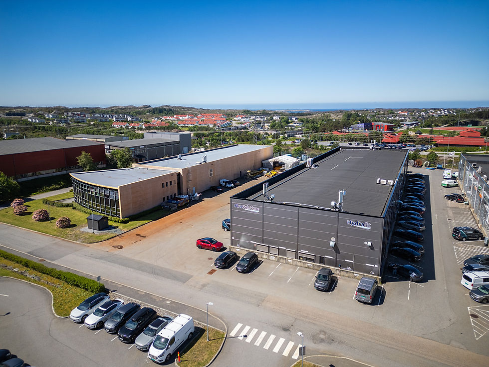 Aerial view of MegaGroup workshops, parking and outdoor areas in Ågotnes
