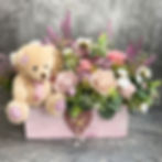 Teddy bear and flowers in a box; Box of Preserved Roses in Seasonal Tones. Doral Blooms.