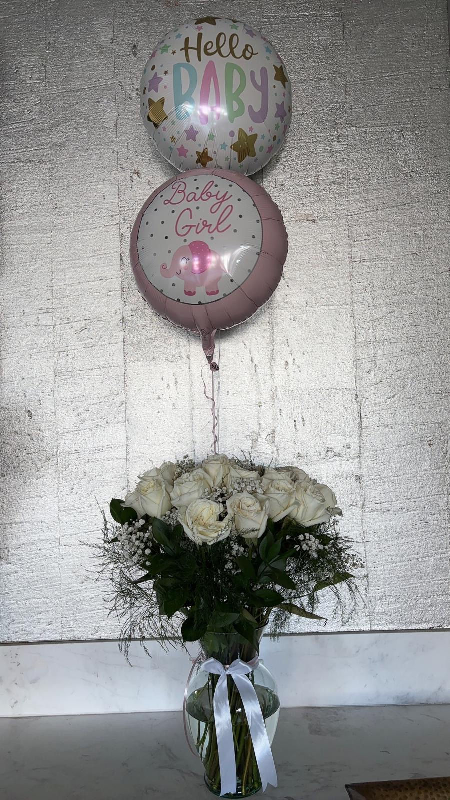 Baby Girl balloon and white roses bouquet for baby shower celebration Doral Blooms