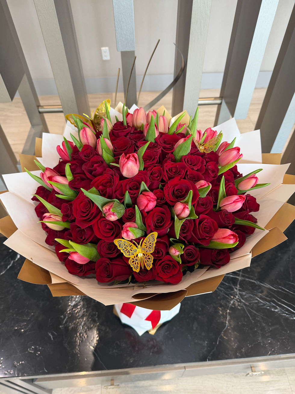 Thumbnail: Elegant Bouquet of 100 Red Roses and 30 Tulips