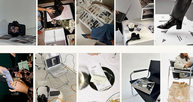 The Social Cue shoot moodboard stock category showing overhead flat lays of cameras laptops magazines and branded collateral