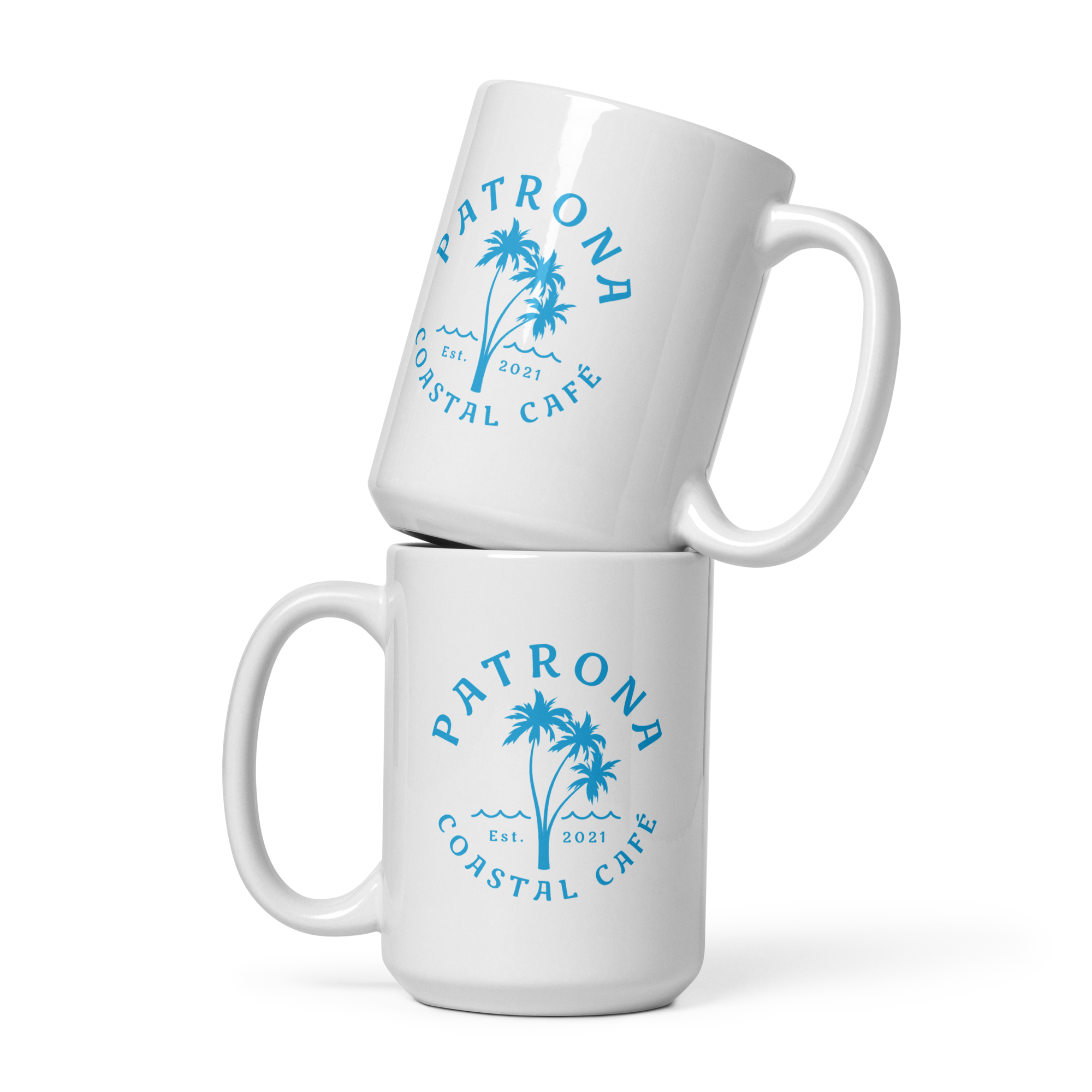 Patrona Coastal Café branded ceramic coffee mug — coastal lifestyle merchandise