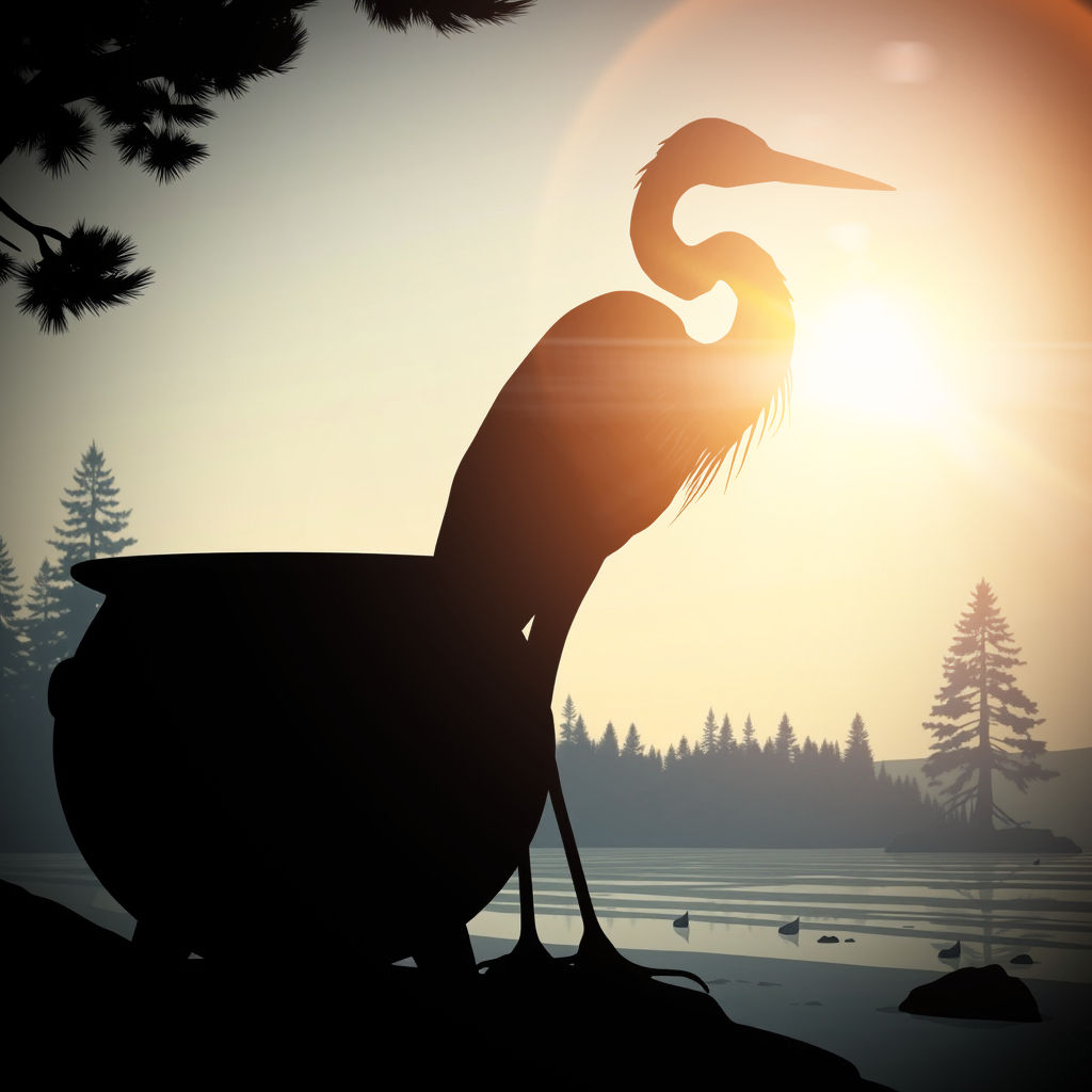 heron by a large black cauldron and pine trees in the  background done in a silhouette sty