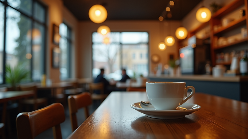 Eye-level view of coffee shop with warm atmosphere