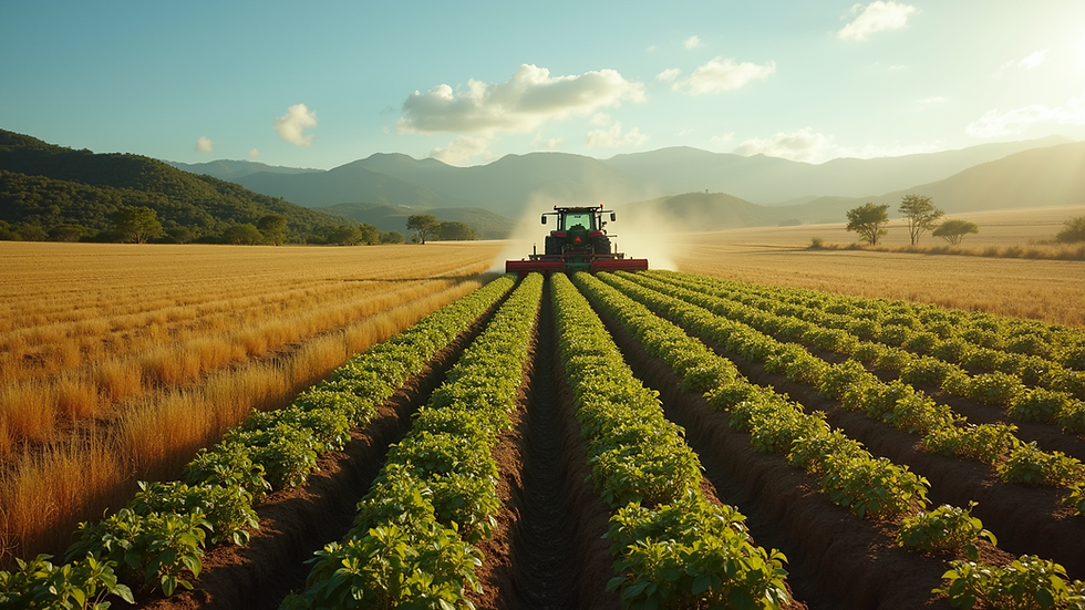 Vista aérea de uma fazenda com plantações e maquinário agrícola