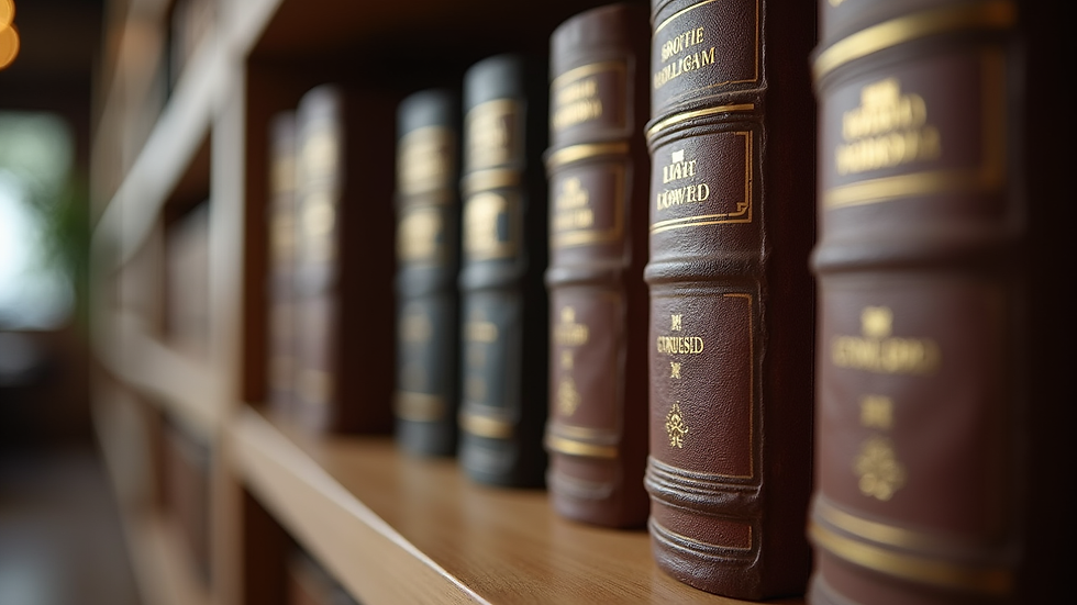 Close-up view of legal books on a wooden shelf