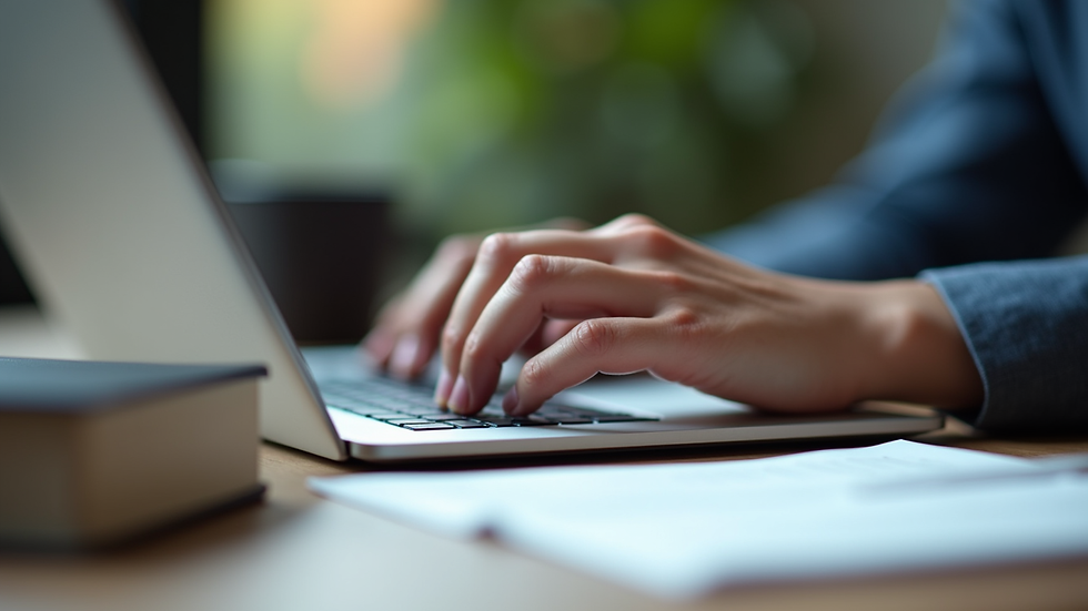Close-up view of a person typing on a laptop with legal books nearby