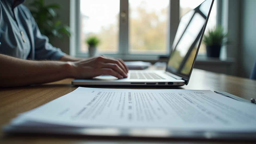 Eye-level view of a modern office desk with a laptop and legal documents