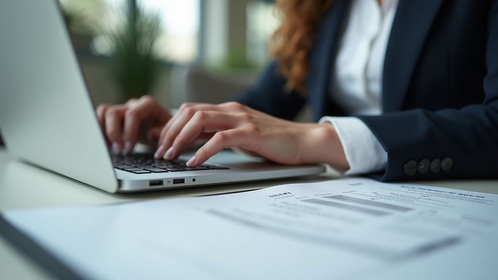 Close-up view of a person typing on a laptop with legal documents nearby
