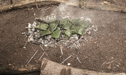 Making sycamore wrapped flapjacks on embers at Muddy Mountains Forest School.
