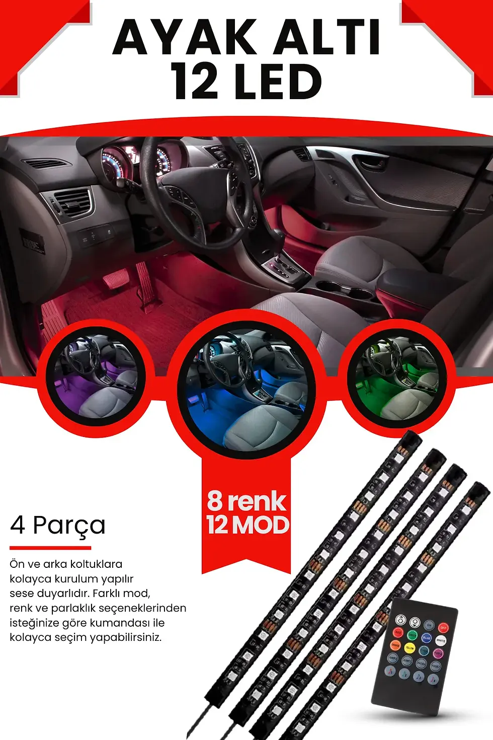 Araç Içi Aydınlatma Kumandalı Sese Duyarlı 12 Led Ayak Altı Led