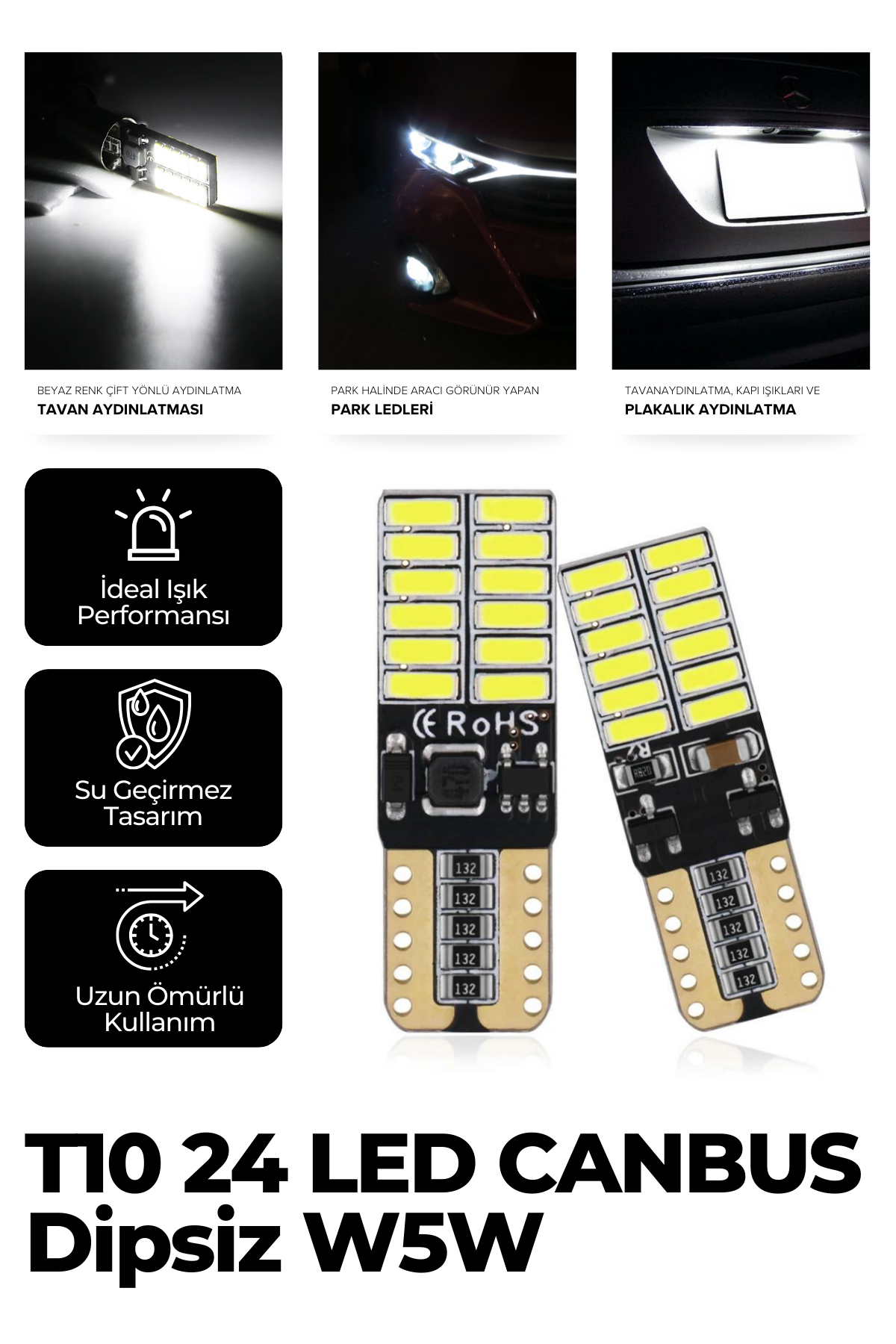 T10 Dipsiz W5w Canbus 24 Ledli Beyaz Park Plaka Ampulü (2 ADET)