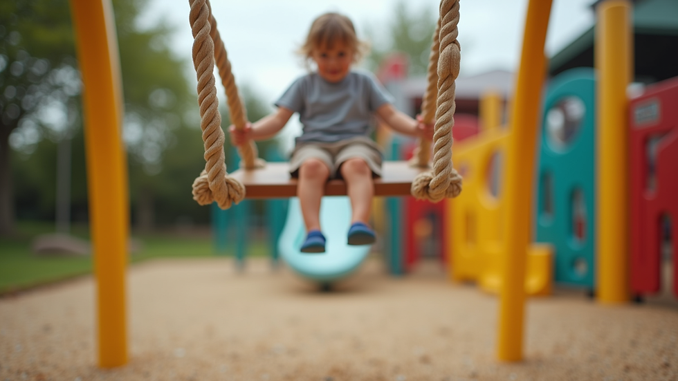 Eye-level view of an inclusive playground with adaptive swings and sensory panels