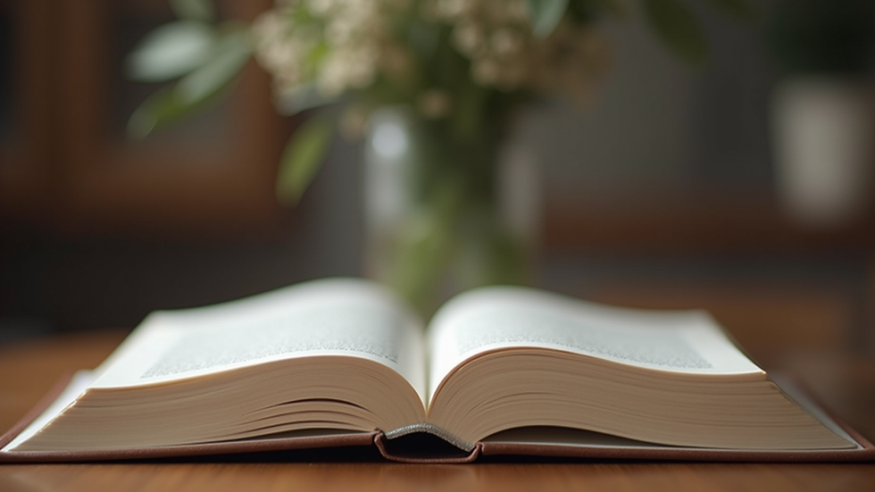 Eye-level view of a beautifully arranged book on a wooden table