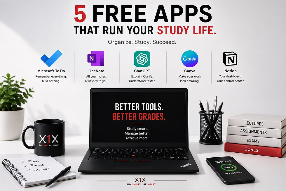 Study desk infographic with laptop and apps list: 5 Free Apps That Run Your Study Life, plus notebook, books, mug, phone, and pens