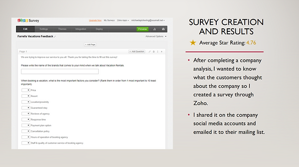 Farrell's Vacations Satisfaction Survey Creation Process