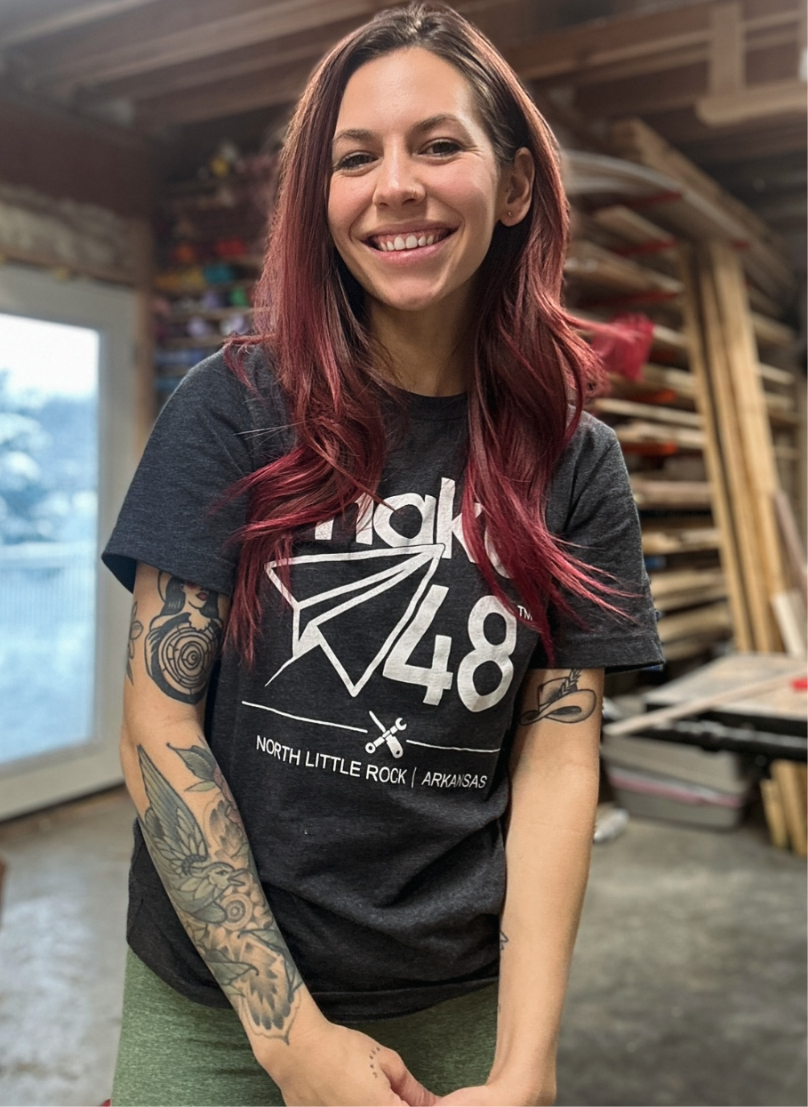 Female Maker wearing a Make48 t-shirt